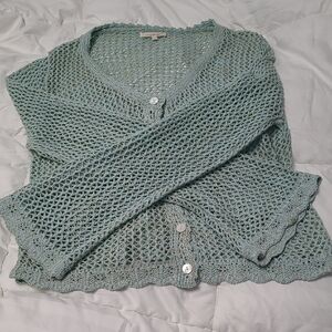 Mystree Mint Open-Knit Button Front Cardigan